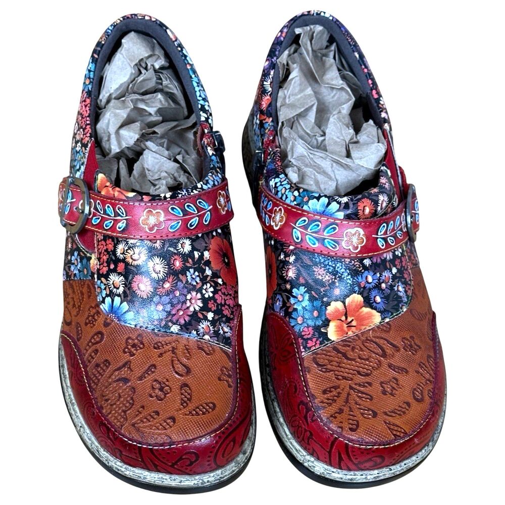 Socofy Retro Floral Leather Mary Jane Shoes EU 39 Boho Comfort Clogs